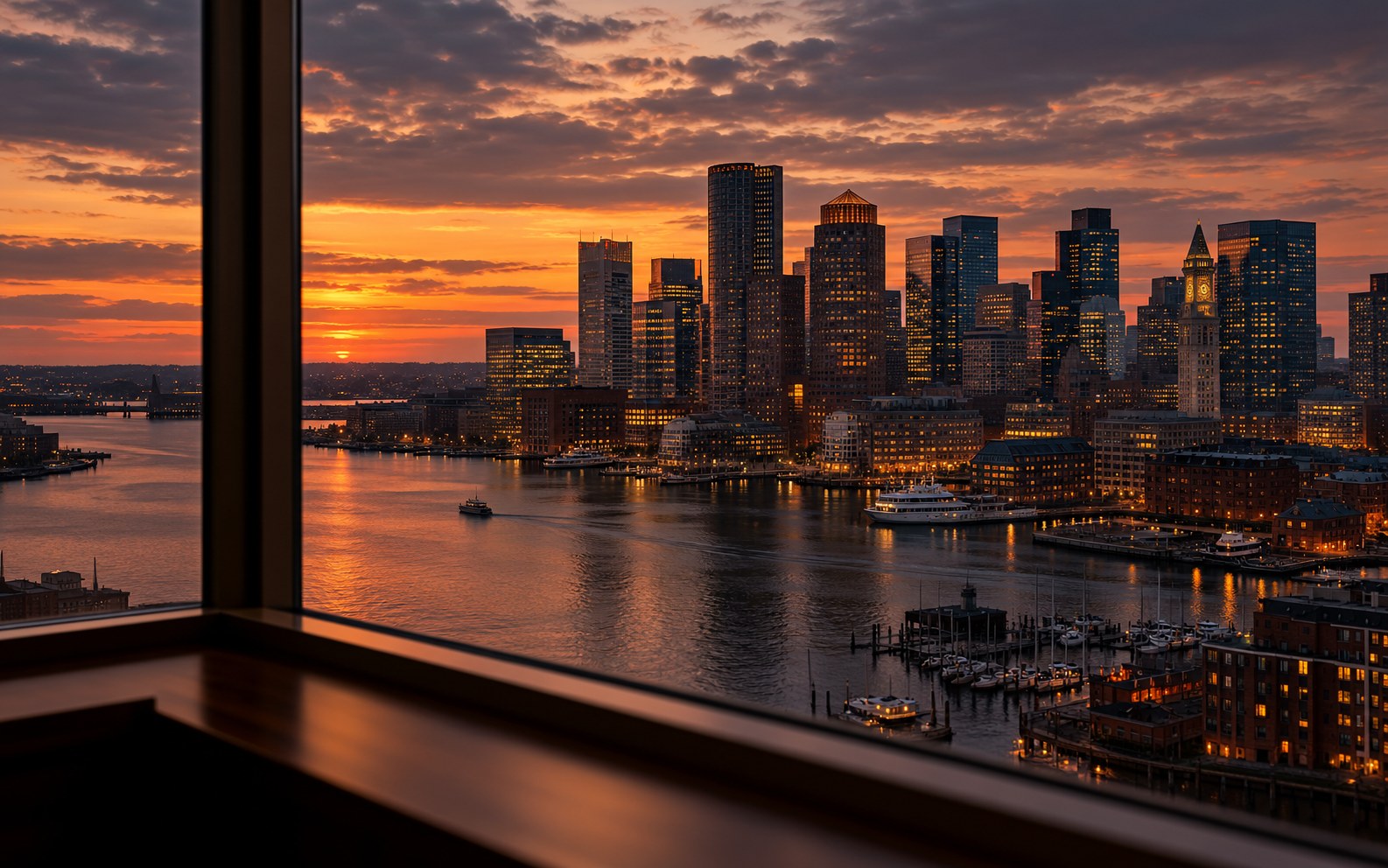 Boston harbor skyline at dusk viewed from a Financial District office
