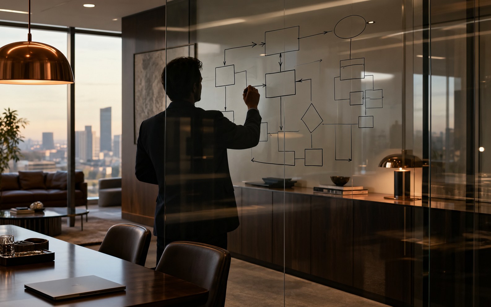 Facilitator mapping an operating model on glass wall